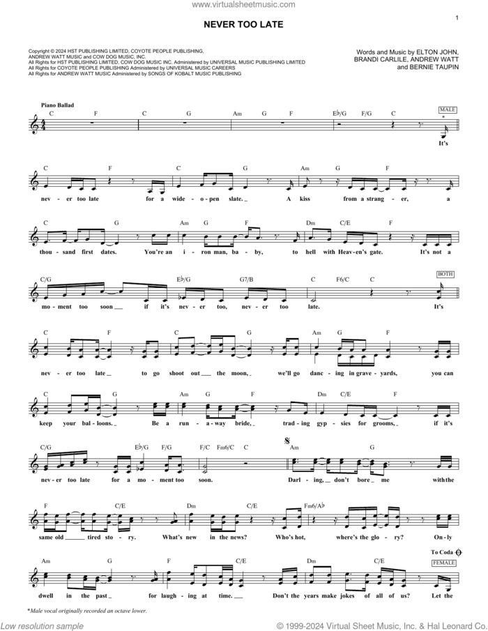 Never Too Late sheet music for voice and other instruments (fake book) by Elton John & Brandi Carlile, Bernie Taupin and Elton John, intermediate skill level