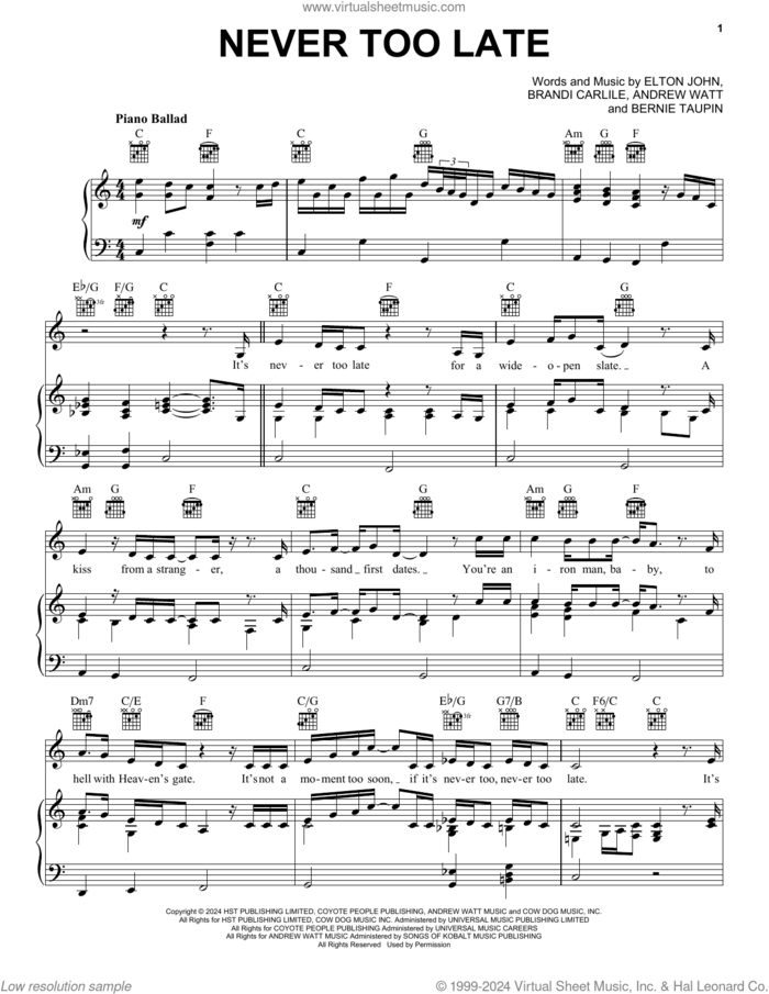 Never Too Late sheet music for voice, piano or guitar by Elton John & Brandi Carlile, Bernie Taupin and Elton John, intermediate skill level