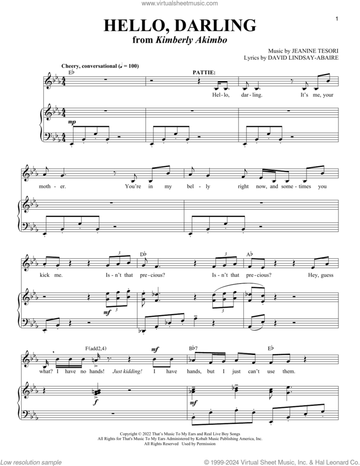 Hello, Darling (from Kimberly Akimbo) sheet music for voice and piano by David Lindsay-Abaire and Jeanine Tesori, David Lindsay-Abaire and Jeanine Tesori, intermediate skill level