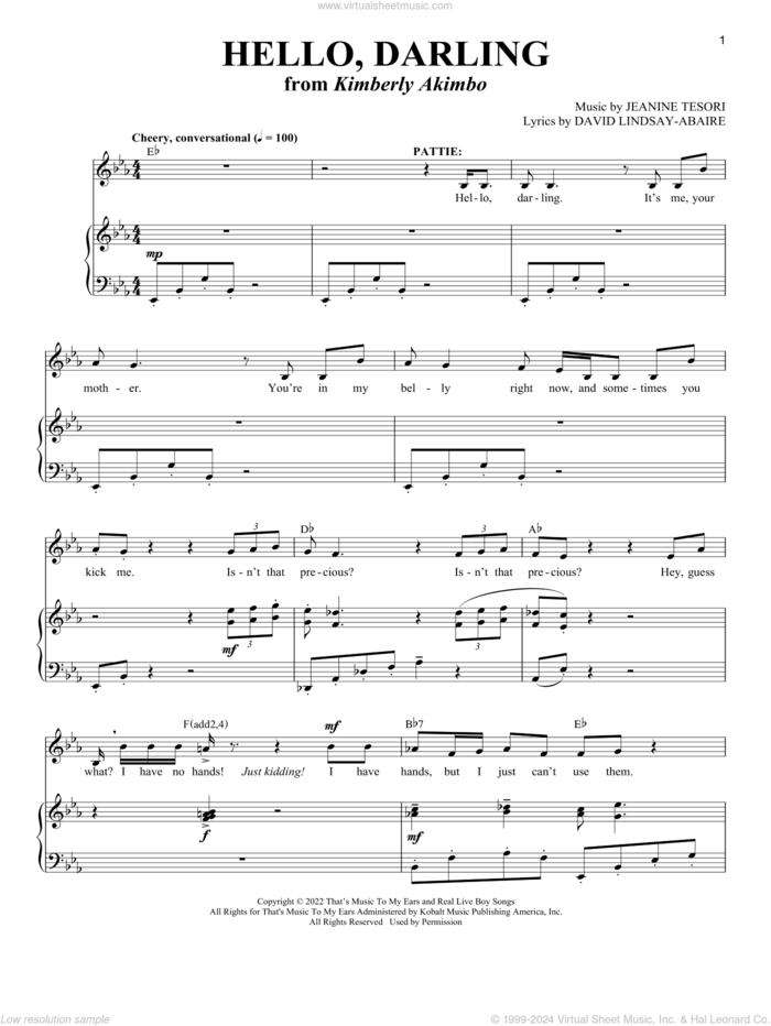 Hello, Darling (from Kimberly Akimbo) sheet music for voice and piano by David Lindsay-Abaire and Jeanine Tesori, David Lindsay-Abaire and Jeanine Tesori, intermediate skill level