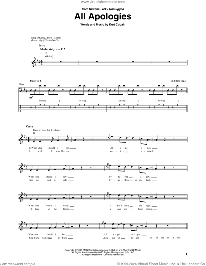 All Apologies sheet music for bass (tablature) (bass guitar) by Nirvana and Kurt Cobain, intermediate skill level