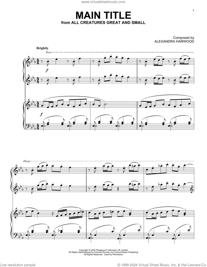 All Creatures Great And Small (Main Title) sheet music for piano four hands by Alexandra Harwood, intermediate skill level