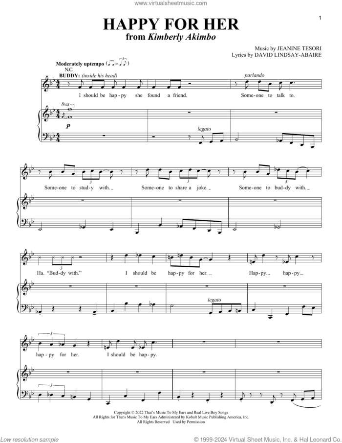 Happy For Her (from Kimberly Akimbo) sheet music for voice and piano by David Lindsay-Abaire and Jeanine Tesori, David Lindsay-Abaire and Jeanine Tesori, intermediate skill level