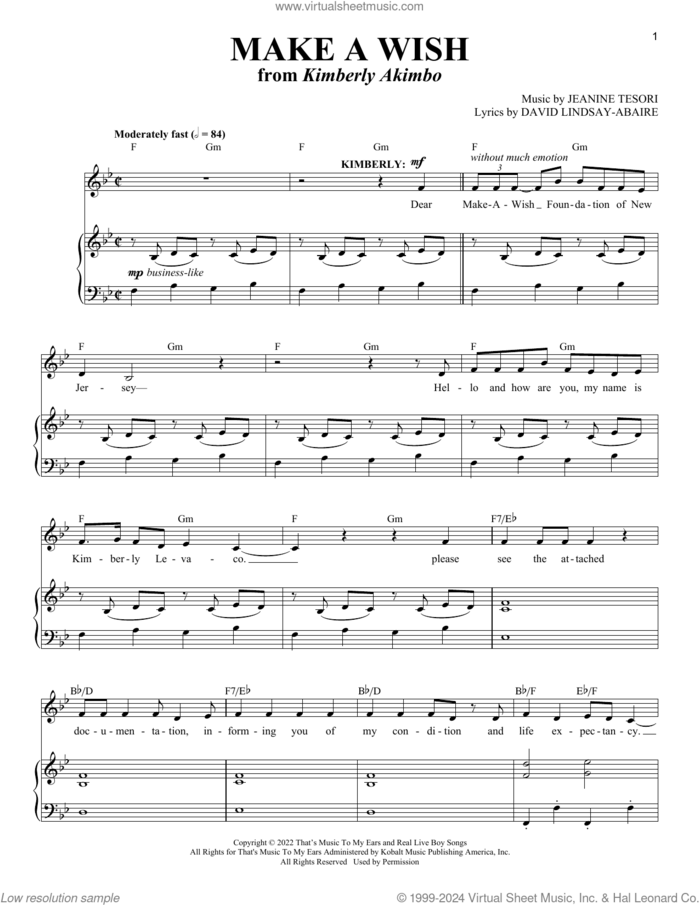 Make A Wish (from Kimberly Akimbo) sheet music for voice and piano by David Lindsay-Abaire and Jeanine Tesori, David Lindsay-Abaire and Jeanine Tesori, intermediate skill level