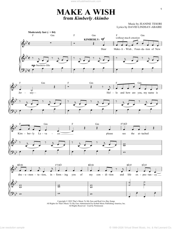 Make A Wish (from Kimberly Akimbo) sheet music for voice and piano by David Lindsay-Abaire and Jeanine Tesori, David Lindsay-Abaire and Jeanine Tesori, intermediate skill level