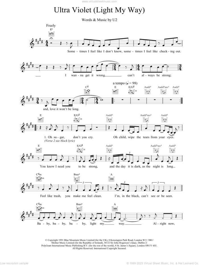Ultra Violet (Light My Way) sheet music for voice and other instruments (fake book) by U2, intermediate skill level