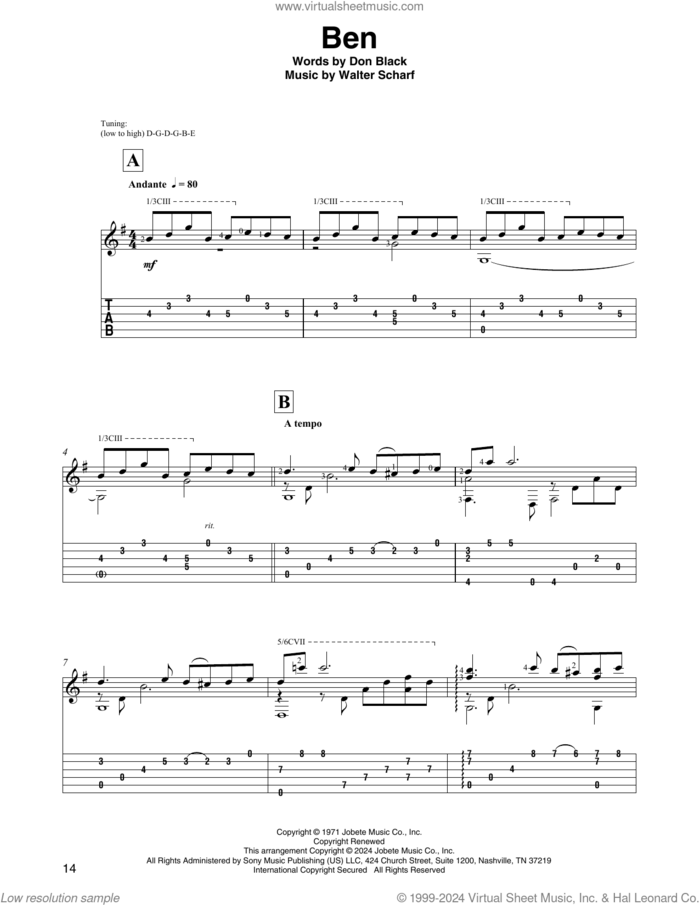 Ben (arr. David Jaggs) sheet music for guitar solo by Michael Jackson, David Jaggs, Don Black and Walter Scharf, intermediate skill level