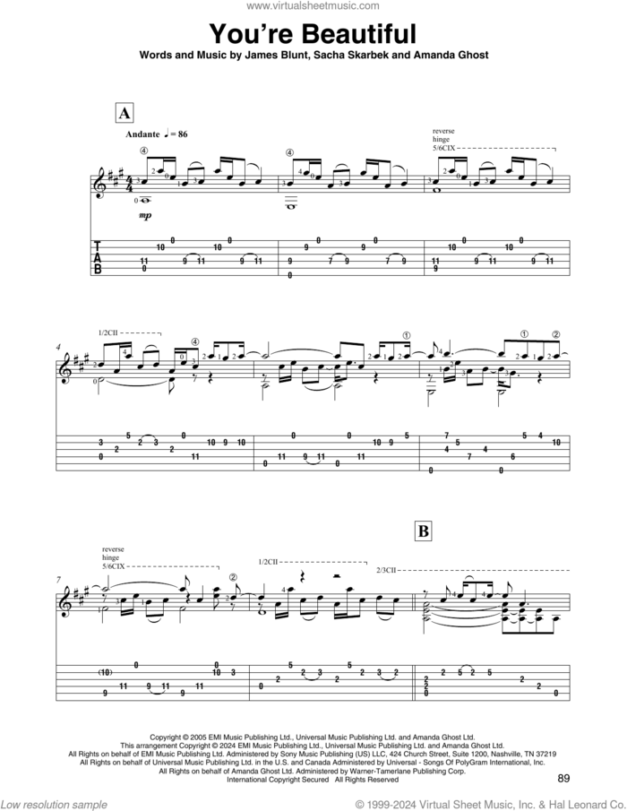 You're Beautiful (arr. David Jaggs) sheet music for guitar solo by James Blunt, David Jaggs, Amanda Ghost and Sacha Skarbek, intermediate skill level