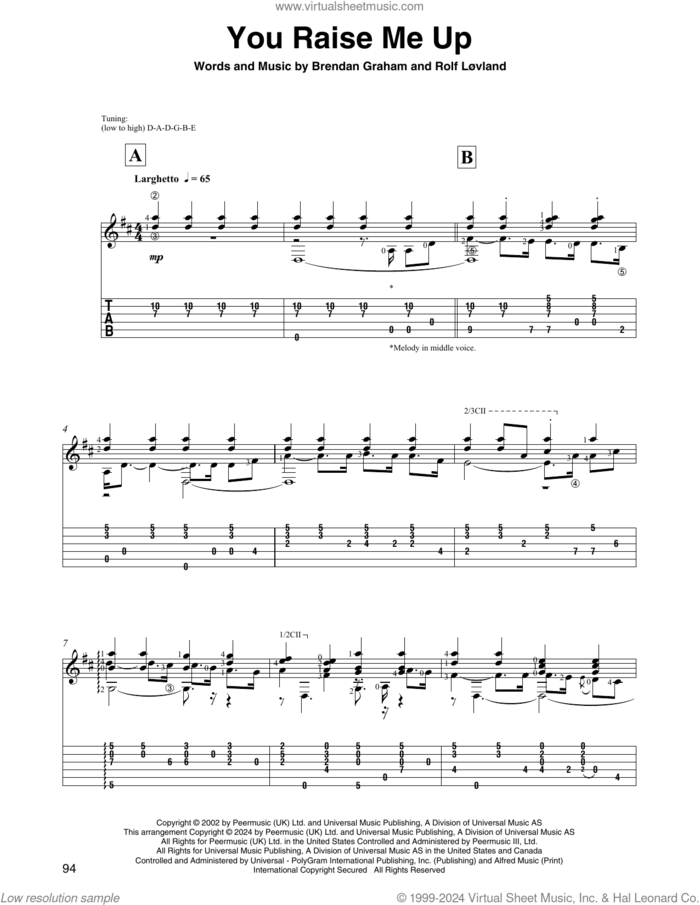 You Raise Me Up (arr. David Jaggs) sheet music for guitar solo by Josh Groban, David Jaggs, Brendan Graham and Rolf Lovland, intermediate skill level