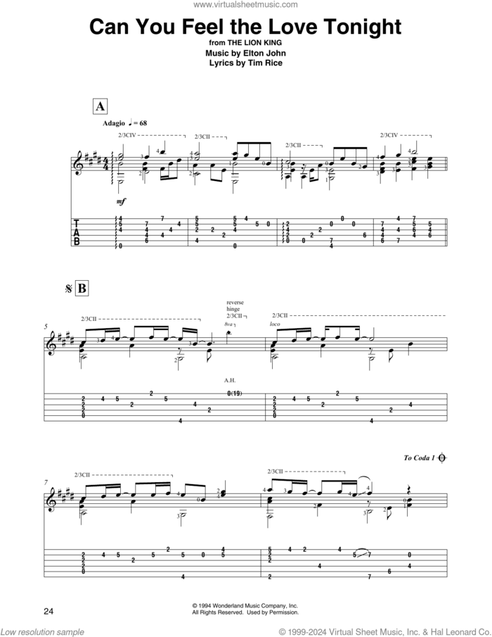 Can You Feel The Love Tonight (from Lion King) (arr. David Jaggs) sheet music for guitar solo by Elton John, David Jaggs and Tim Rice, intermediate skill level