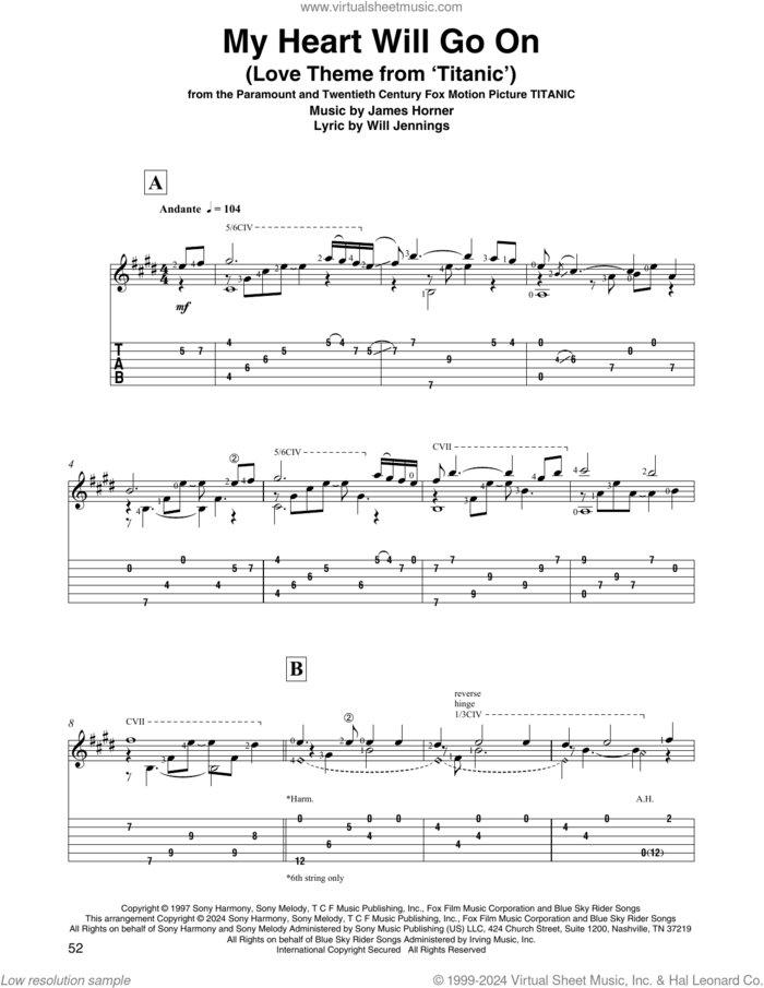 My Heart Will Go On (Love Theme From 'Titanic') (arr. David Jaggs) sheet music for guitar solo by Celine Dion, David Jaggs, James Horner and Will Jennings, intermediate skill level