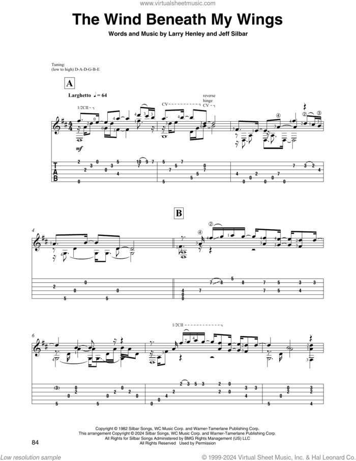 The Wind Beneath My Wings (arr. David Jaggs) sheet music for guitar solo by Bette Midler, David Jaggs, Jeff Silbar and Larry Henley, intermediate skill level