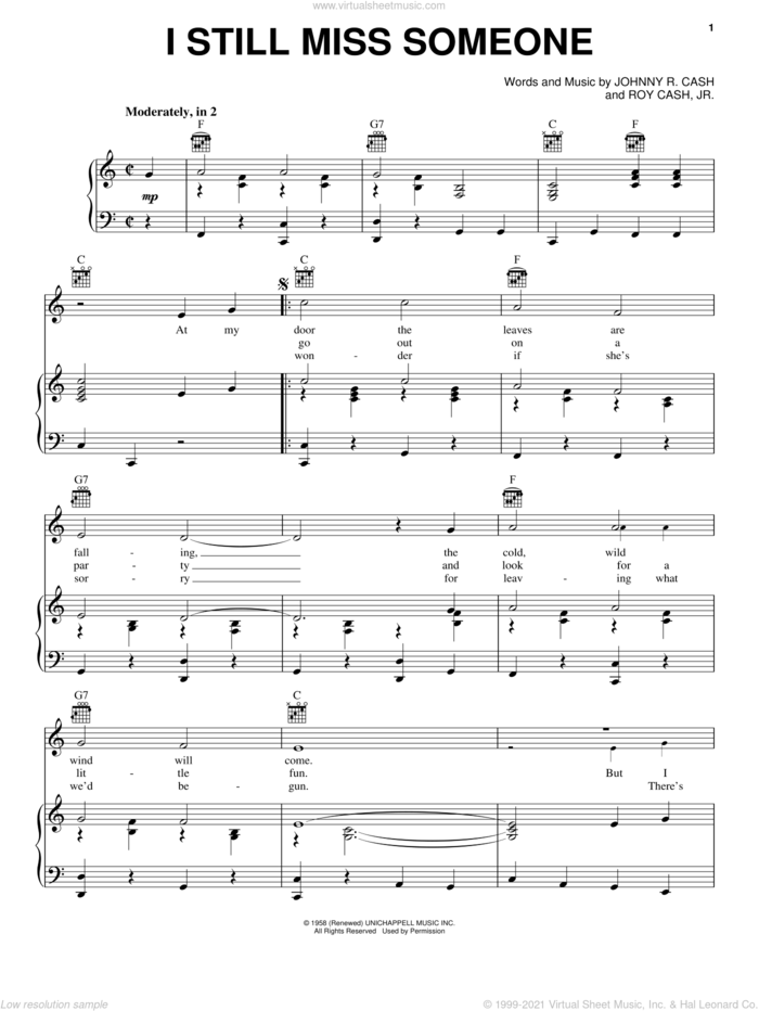 I Still Miss Someone sheet music for voice, piano or guitar by Johnny Cash and Roy Cash Jr., intermediate skill level