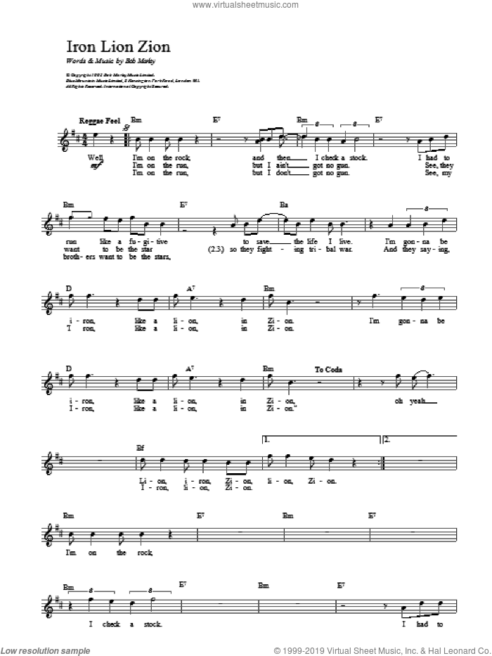 Iron Lion Zion sheet music for voice and other instruments (fake book) by Bob Marley, intermediate skill level