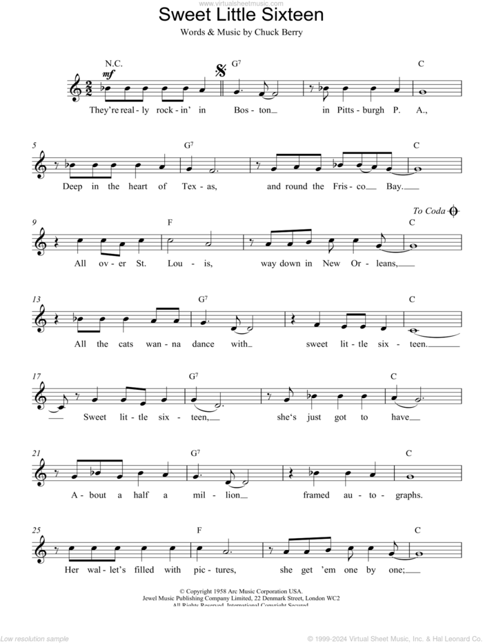 Sweet Little Sixteen sheet music for voice and other instruments (fake book) by Chuck Berry, intermediate skill level