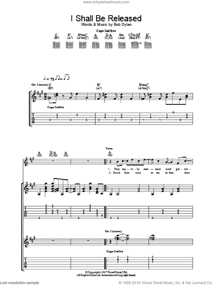 I Shall Be Released sheet music for guitar (tablature) by Bob Dylan, intermediate skill level
