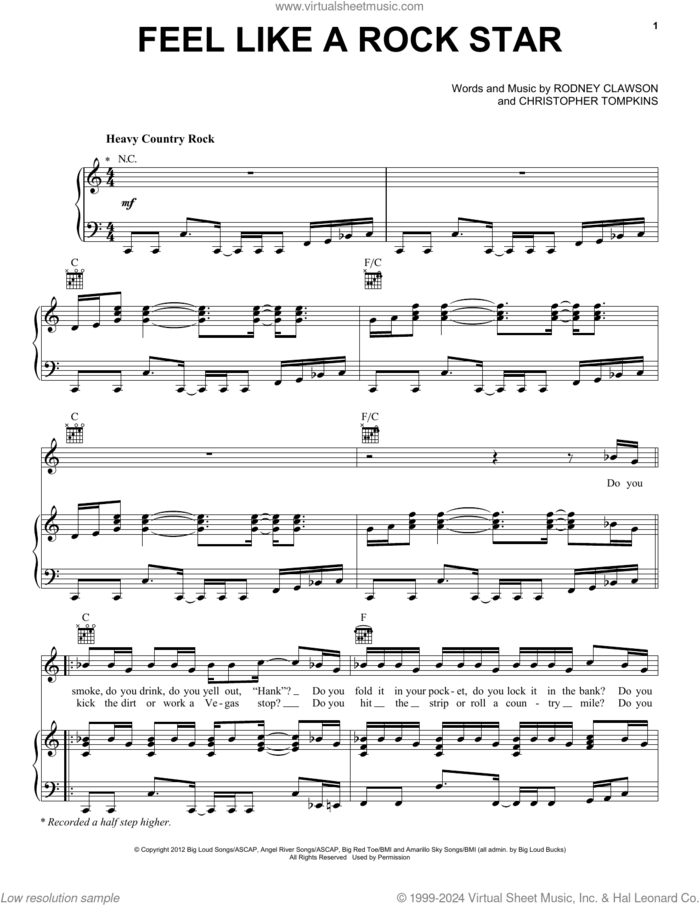 Feel Like A Rock Star sheet music for voice, piano or guitar by Kenny Chesney and Tim McGraw, Christopher Tompkins and Rodney Clawson, intermediate skill level