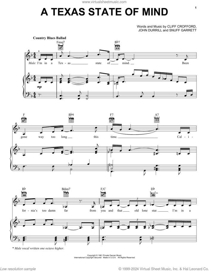 A Texas State Of Mind sheet music for voice, piano or guitar by David Frizzell and Shelly West, Cliff Crofford, John Durrill and Snuff Garrett, intermediate skill level