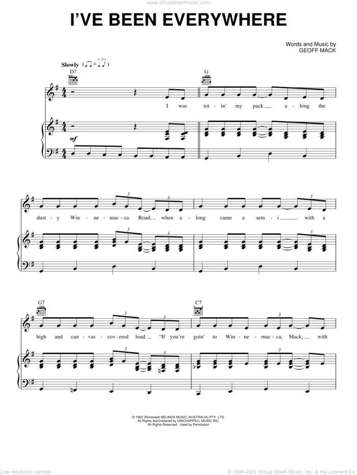 I've Been Everywhere sheet music for voice, piano or guitar by Johnny Cash, Hank Snow and Geoff Mack, intermediate skill level
