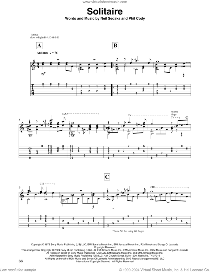 Solitaire (arr. David Jaggs) sheet music for guitar solo by Carpenters, David Jaggs, Elvis Presley, Neil Sedaka and Phil Cody, intermediate skill level