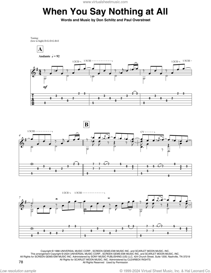 When You Say Nothing At All (arr. David Jaggs) sheet music for guitar solo by Keith Whitley, David Jaggs, Don Schlitz and Paul Overstreet, intermediate skill level