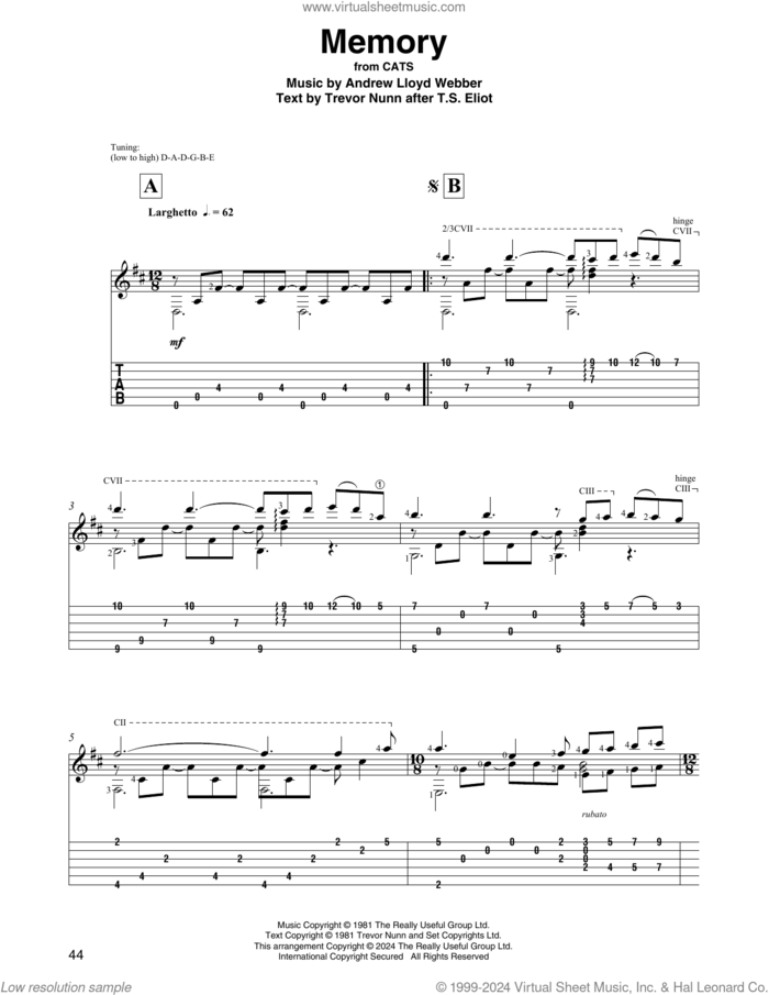 Memory (from Cats) (arr. David Jaggs) sheet music for guitar solo by Barbra Streisand, David Jaggs, Andrew Lloyd Webber and Trevor Nunn, intermediate skill level