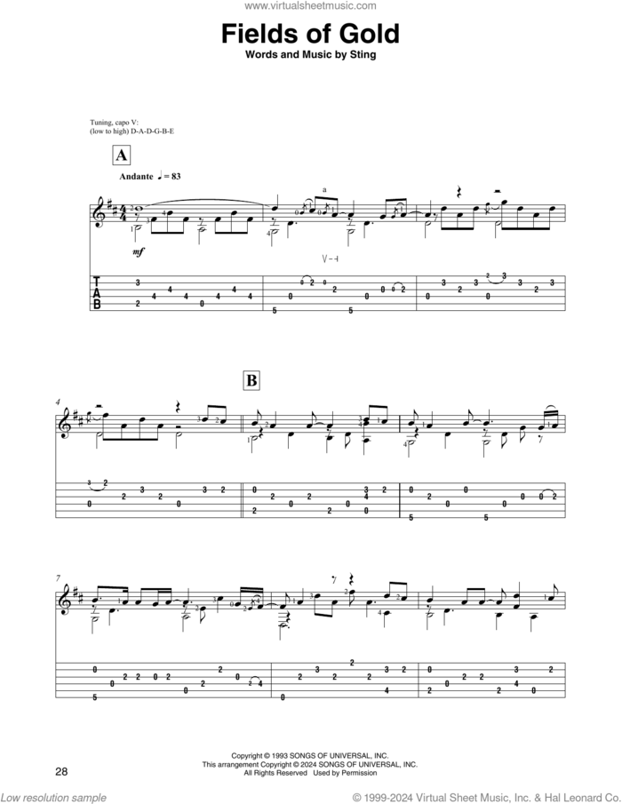 Fields Of Gold (arr. David Jaggs) sheet music for guitar solo by Sting and David Jaggs, intermediate skill level