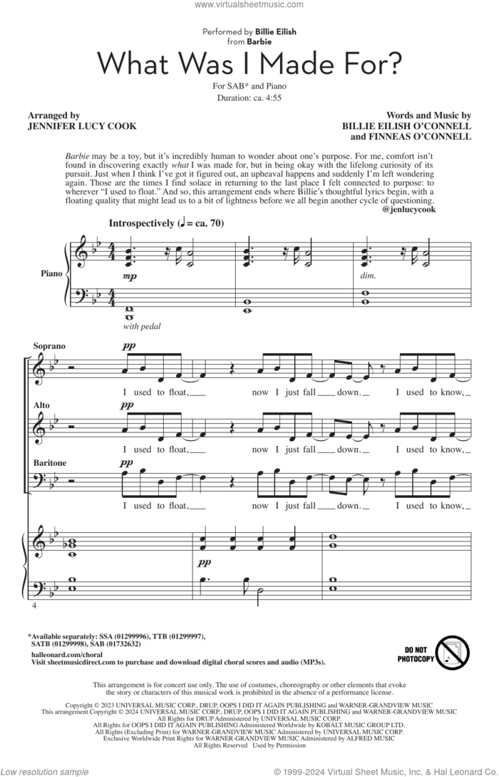 What Was I Made For? (from Barbie) (arr. Jennifer Lucy Cook) sheet music for choir (SAB: soprano, alto, bass) by Billie Eilish and Jennifer Lucy Cook, intermediate skill level