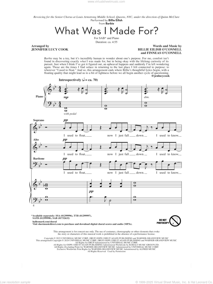 What Was I Made For? (from Barbie) (arr. Jennifer Lucy Cook) sheet music for choir (SAB: soprano, alto, bass) by Billie Eilish and Jennifer Lucy Cook, intermediate skill level