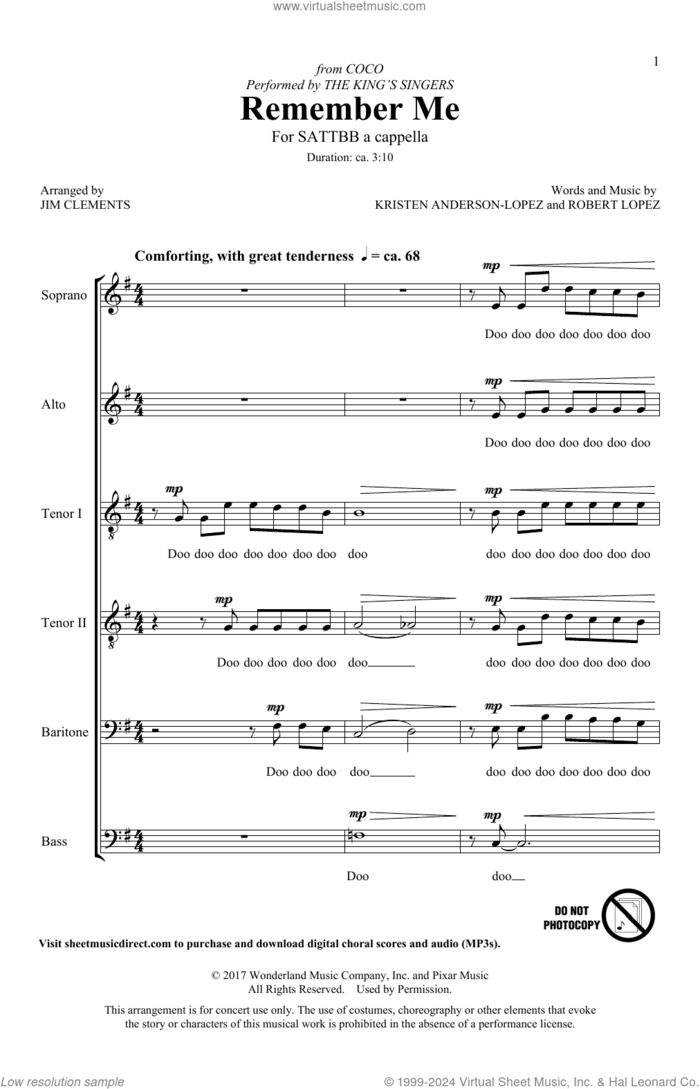 Remember Me (Ernesto de la Cruz) (from Coco) (arr. Jim Clements) sheet music for choir (SATB: soprano, alto, tenor, bass) by The King's Singers, Jim Clements, Kristen Anderson-Lopez & Robert Lopez, Kristen Anderson-Lopez and Robert Lopez, intermediate skill level