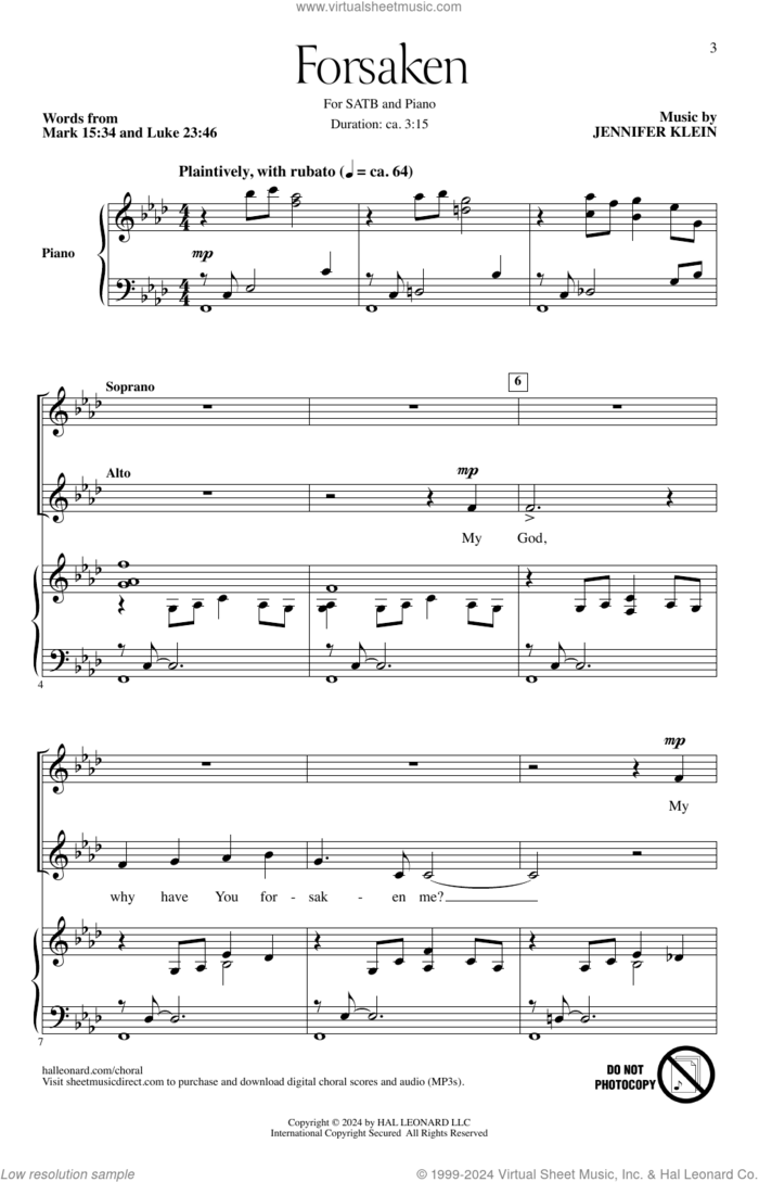 Forsaken sheet music for choir (SATB: soprano, alto, tenor, bass) by Jennifer Klein and Mark 15:34 and Luke 23:46, intermediate skill level