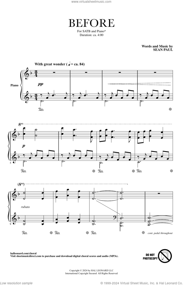 Before sheet music for choir (SATB: soprano, alto, tenor, bass) by Sean Paul, intermediate skill level