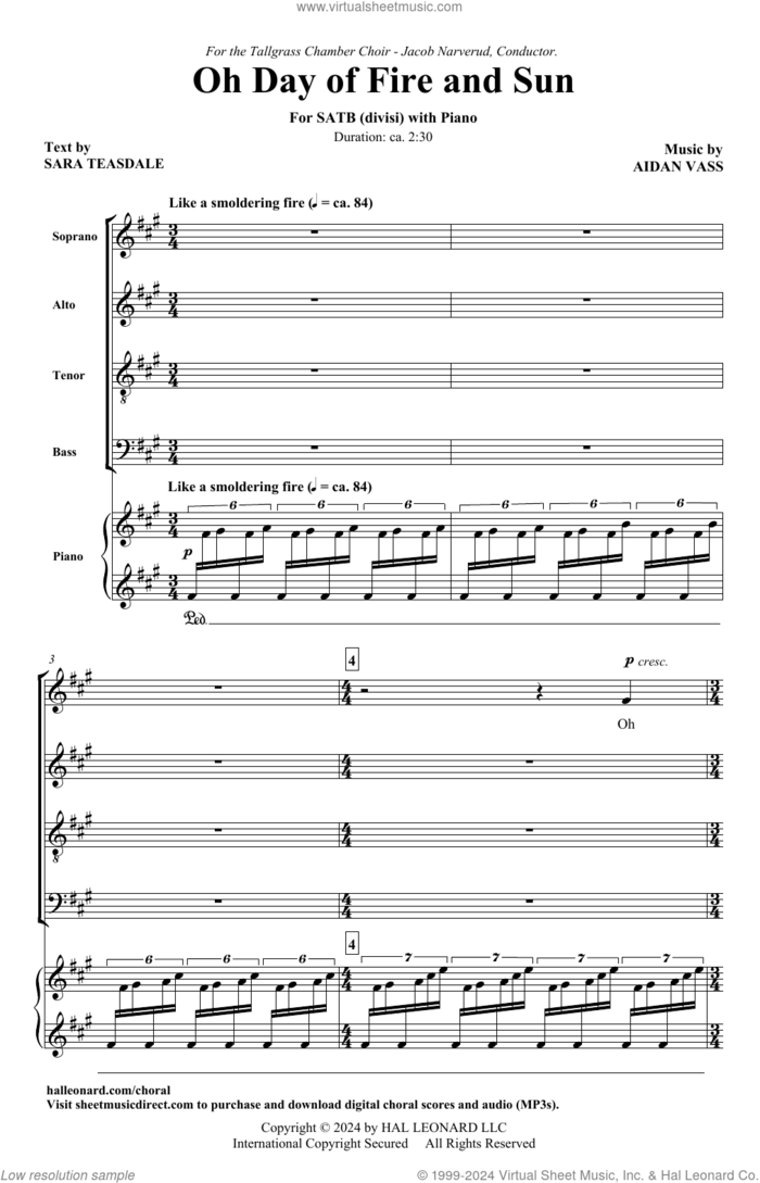 Oh Day Of Fire And Sun sheet music for choir (SATB: soprano, alto, tenor, bass) by Aidan Vass and Sara Teasdale, intermediate skill level