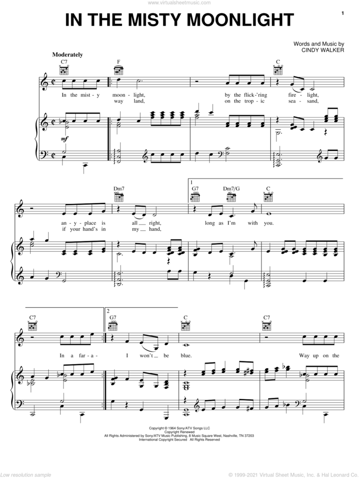In The Misty Moonlight sheet music for voice, piano or guitar by Dean Martin, Jerry Wallace and Cindy Walker, intermediate skill level