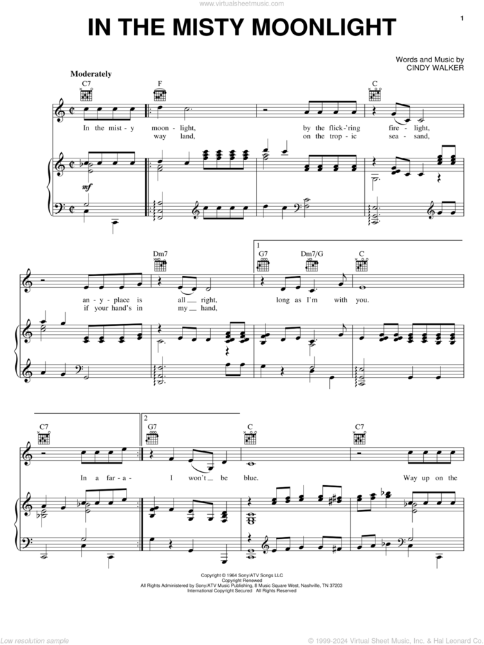 In The Misty Moonlight sheet music for voice, piano or guitar by Dean Martin, Jerry Wallace and Cindy Walker, intermediate skill level