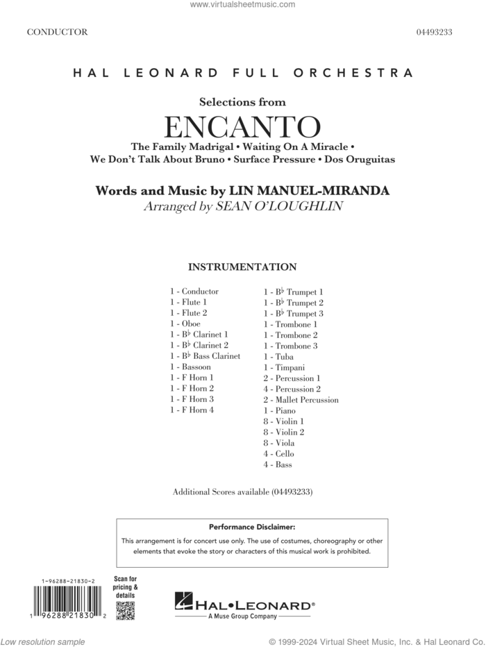 Selections from Encanto (arr. Sean O'Loughlin) (COMPLETE) sheet music for full orchestra by Lin-Manuel Miranda, intermediate skill level