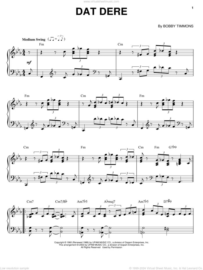 Dat Dere sheet music for piano solo by Cannonball Adderley, Bobby Timmons and Oscar Brown, Jr., intermediate skill level