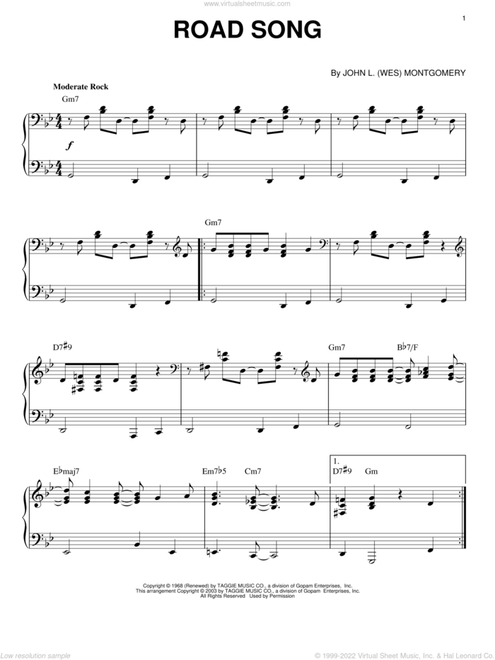 Road Song sheet music for piano solo by Wes Montgomery, intermediate skill level
