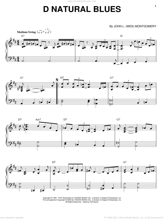 D Natural Blues sheet music for piano solo by Wes Montgomery, intermediate skill level