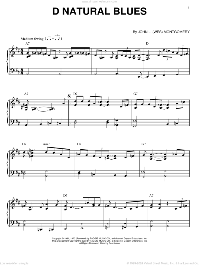 D Natural Blues sheet music for piano solo by Wes Montgomery, intermediate skill level