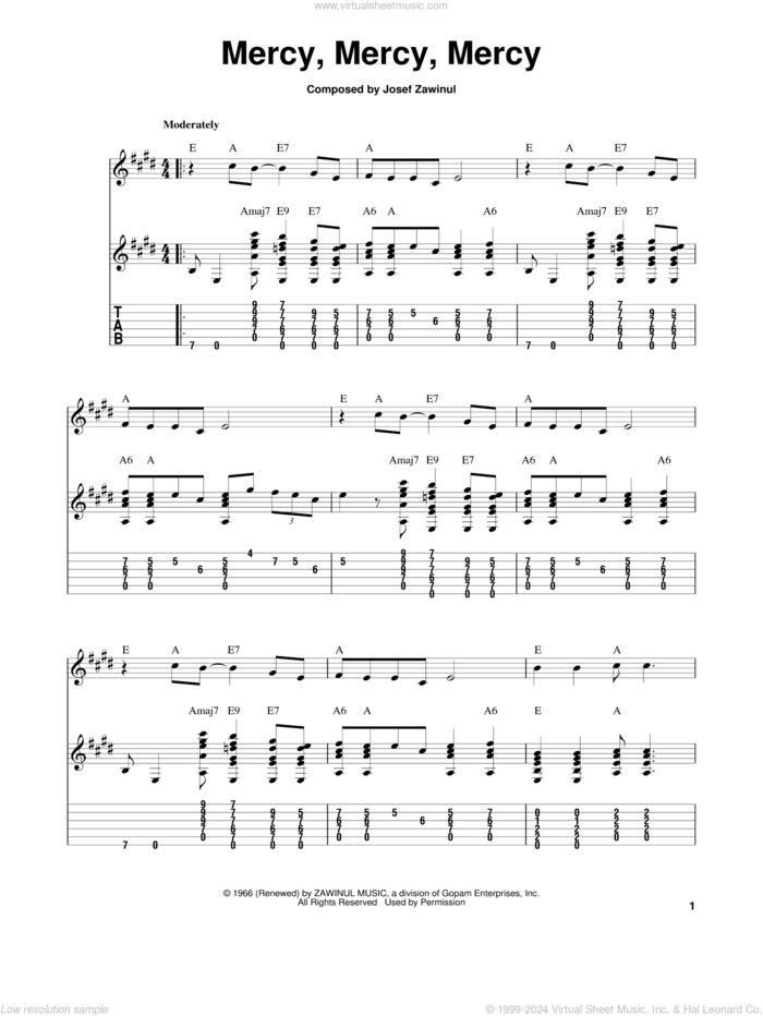 Mercy, Mercy, Mercy sheet music for guitar solo (easy tablature) by Josef Zawinul, easy guitar (easy tablature)