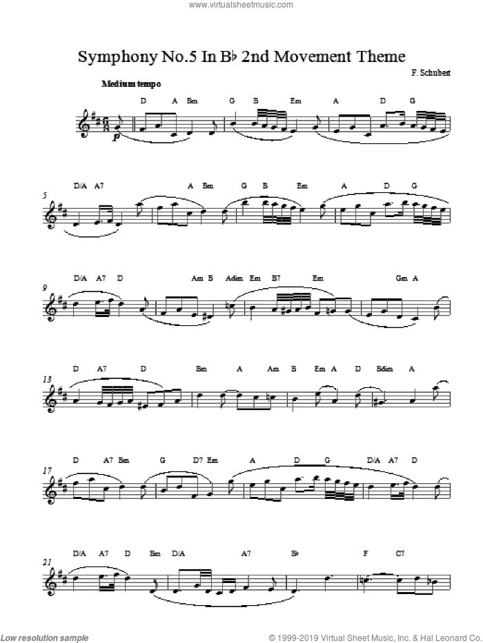 Symphony No 5 sheet music for voice and other instruments (fake book) by Franz Schubert, classical score, intermediate skill level