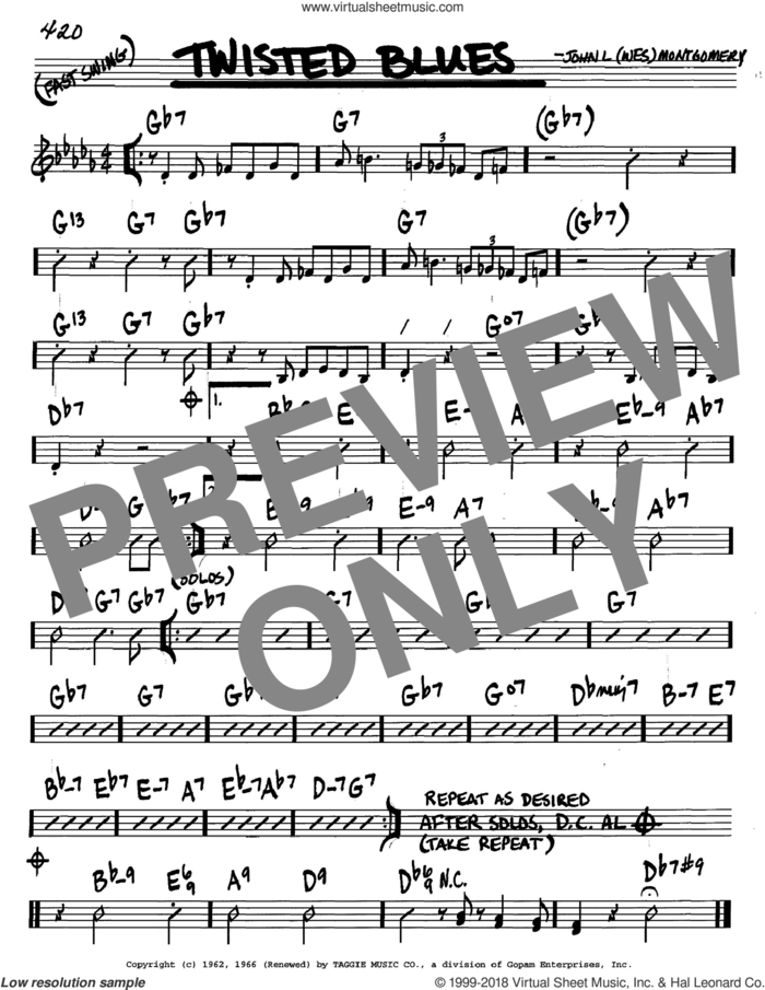Twisted Blues sheet music for voice and other instruments (in C) by Wes Montgomery, intermediate skill level