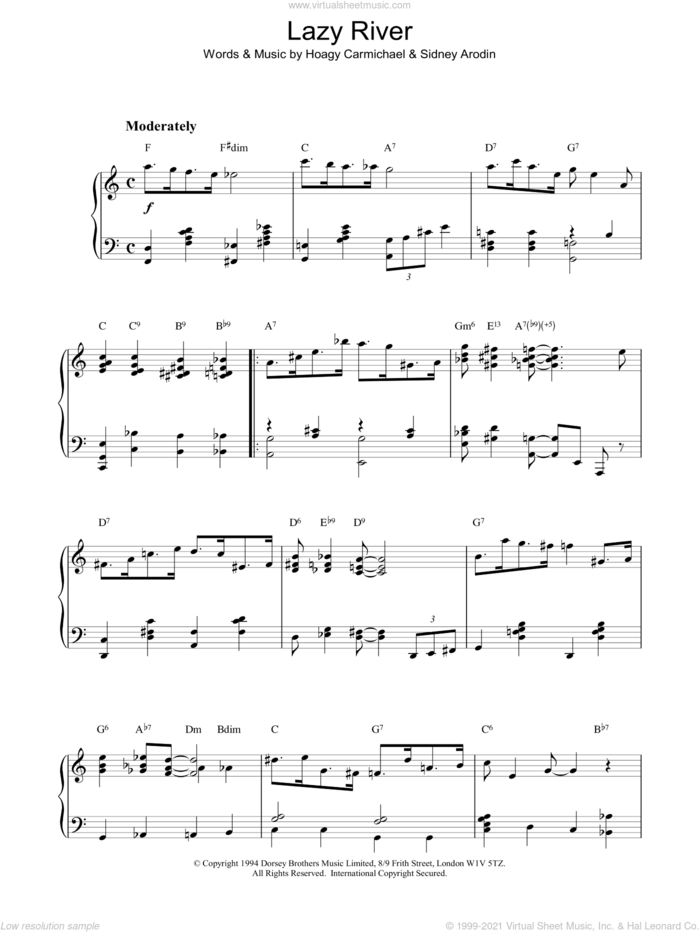 Lazy River sheet music for piano solo by Hoagy Carmichael, intermediate skill level