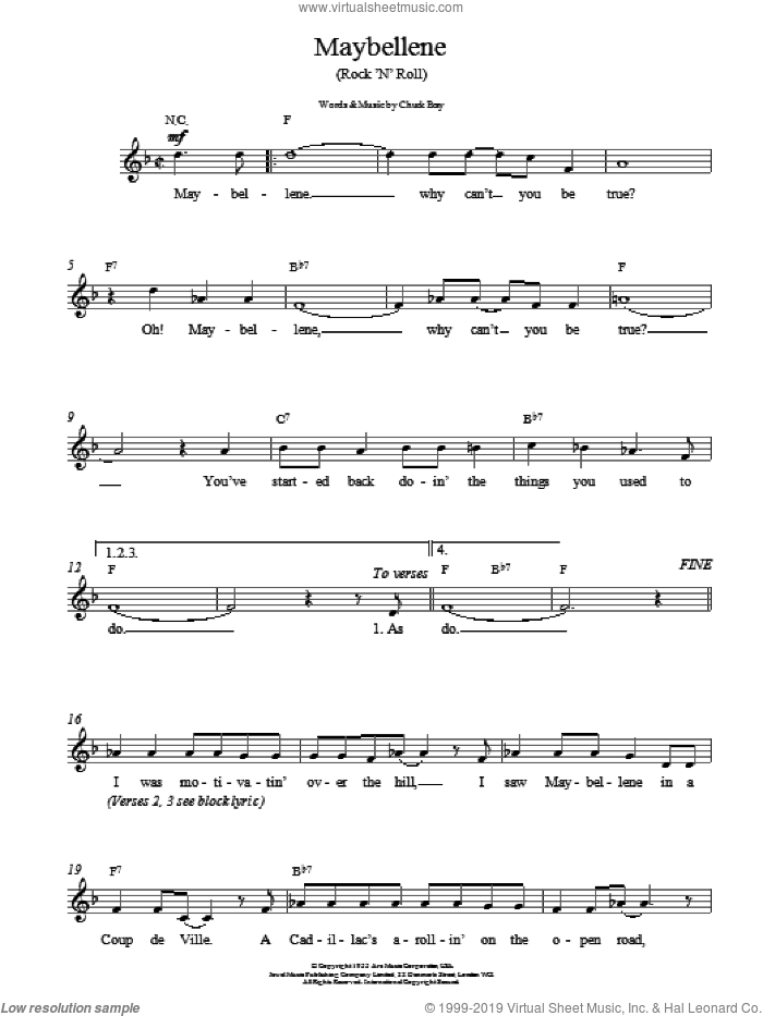Maybellene sheet music for voice and other instruments (fake book) by Chuck Berry, ALAN FREED and Russ Fratto, intermediate skill level