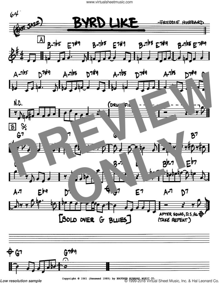 Byrd Like sheet music for voice and other instruments (in Bb) by Freddie Hubbard, intermediate skill level
