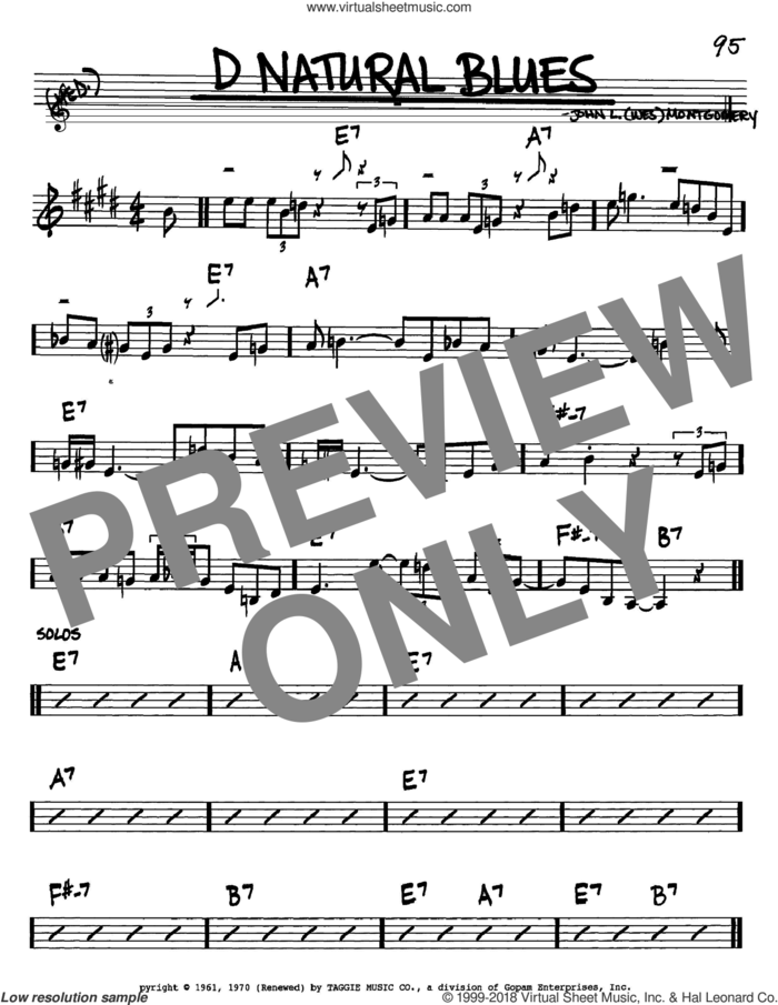 D Natural Blues sheet music for voice and other instruments (in Bb) by Wes Montgomery, intermediate skill level