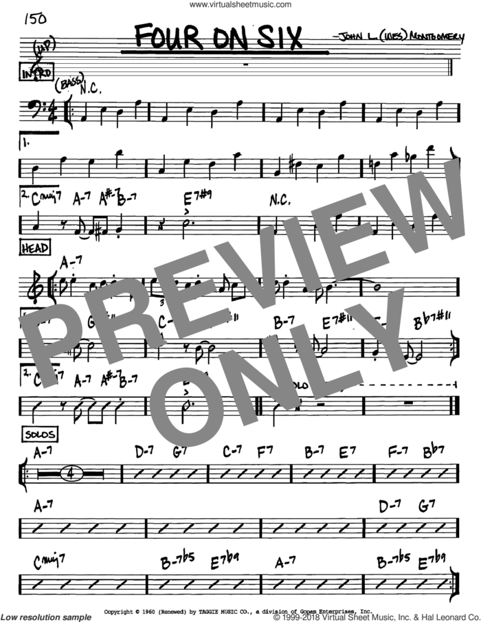 Four On Six sheet music for voice and other instruments (in Bb) by Wes Montgomery, intermediate skill level