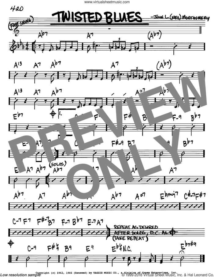 Twisted Blues sheet music for voice and other instruments (in Bb) by Wes Montgomery, intermediate skill level