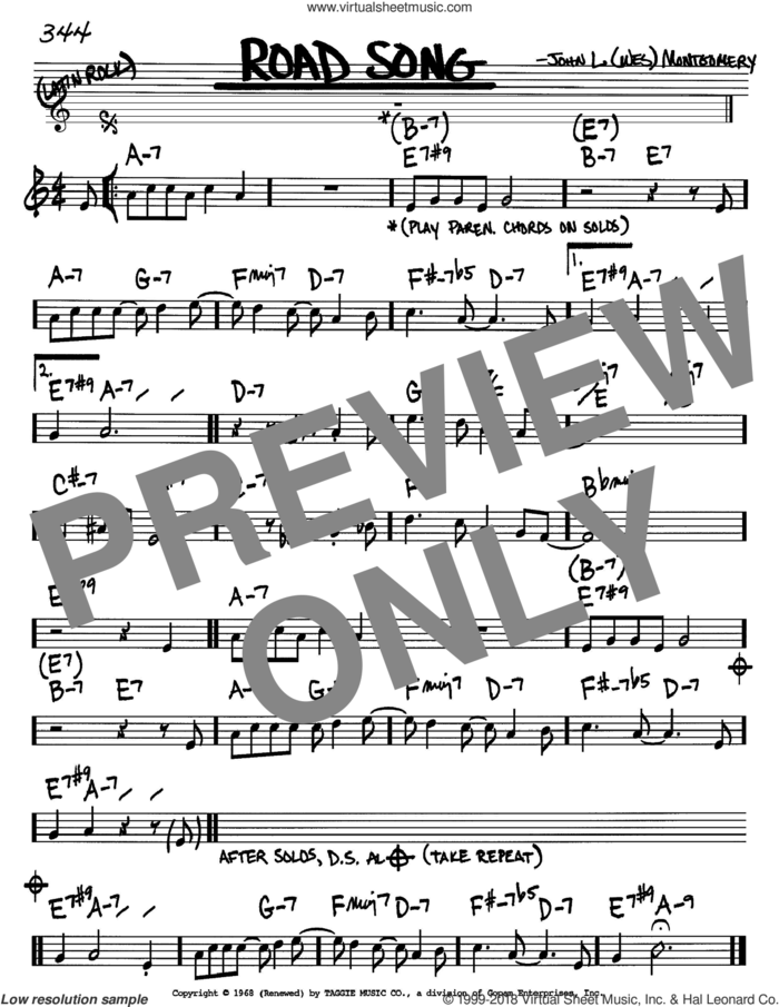Road Song sheet music for voice and other instruments (in Bb) by Wes Montgomery, intermediate skill level